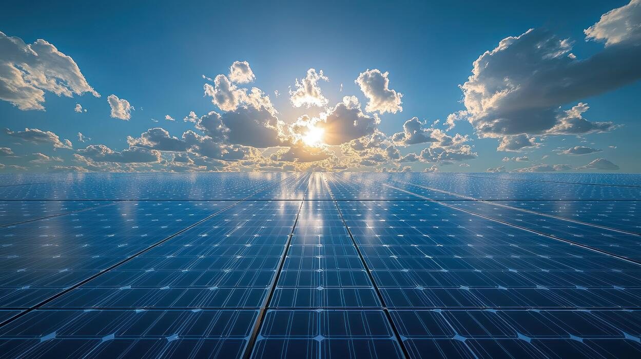 Solar array under a sunrise sky at a commercial plant